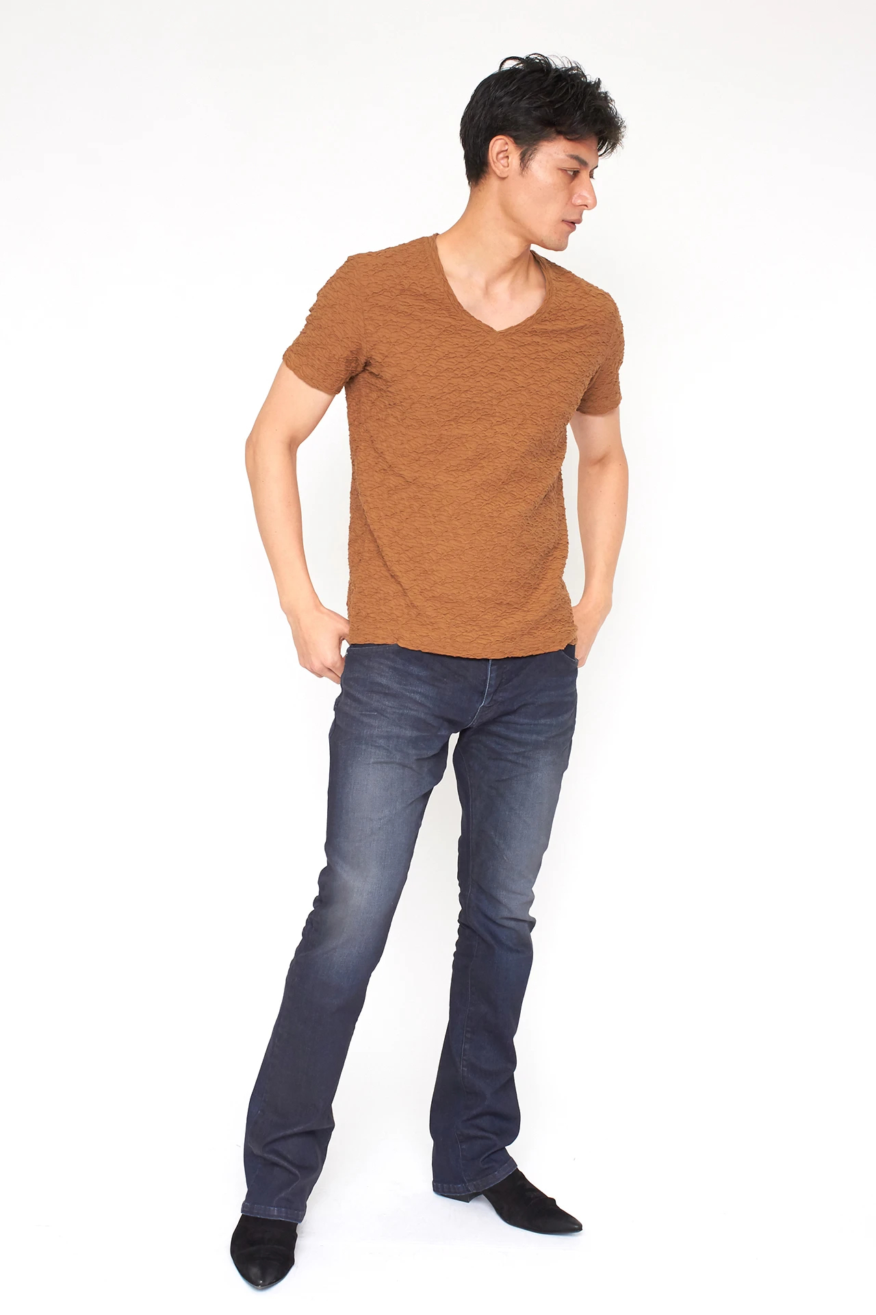 トルネードマート　タックジャガードカットソー TORNADO MART∴タックボーダージャガードVネックカットソー