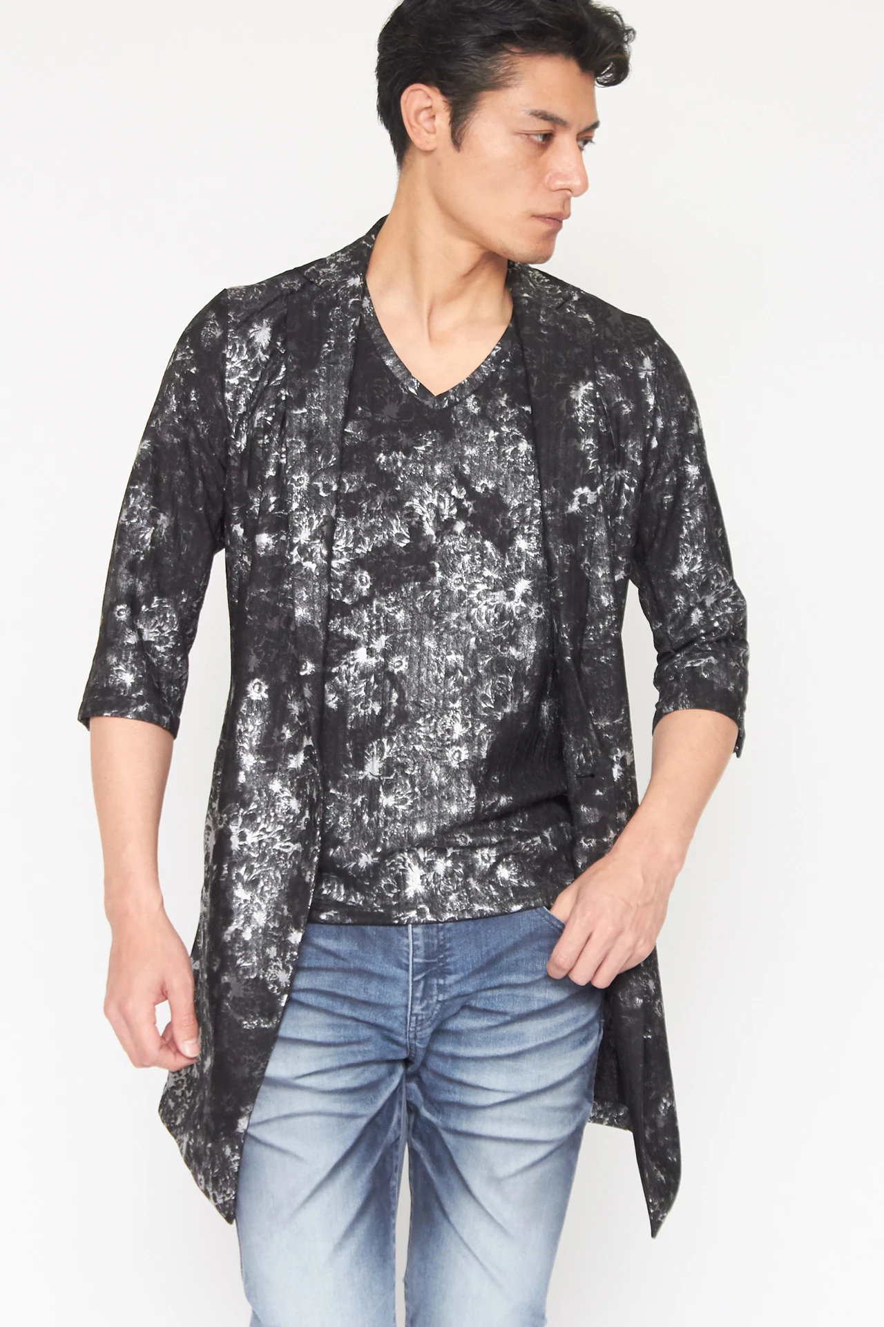 TORNADO MART∴フラワーフォイルタックストライプ7分袖