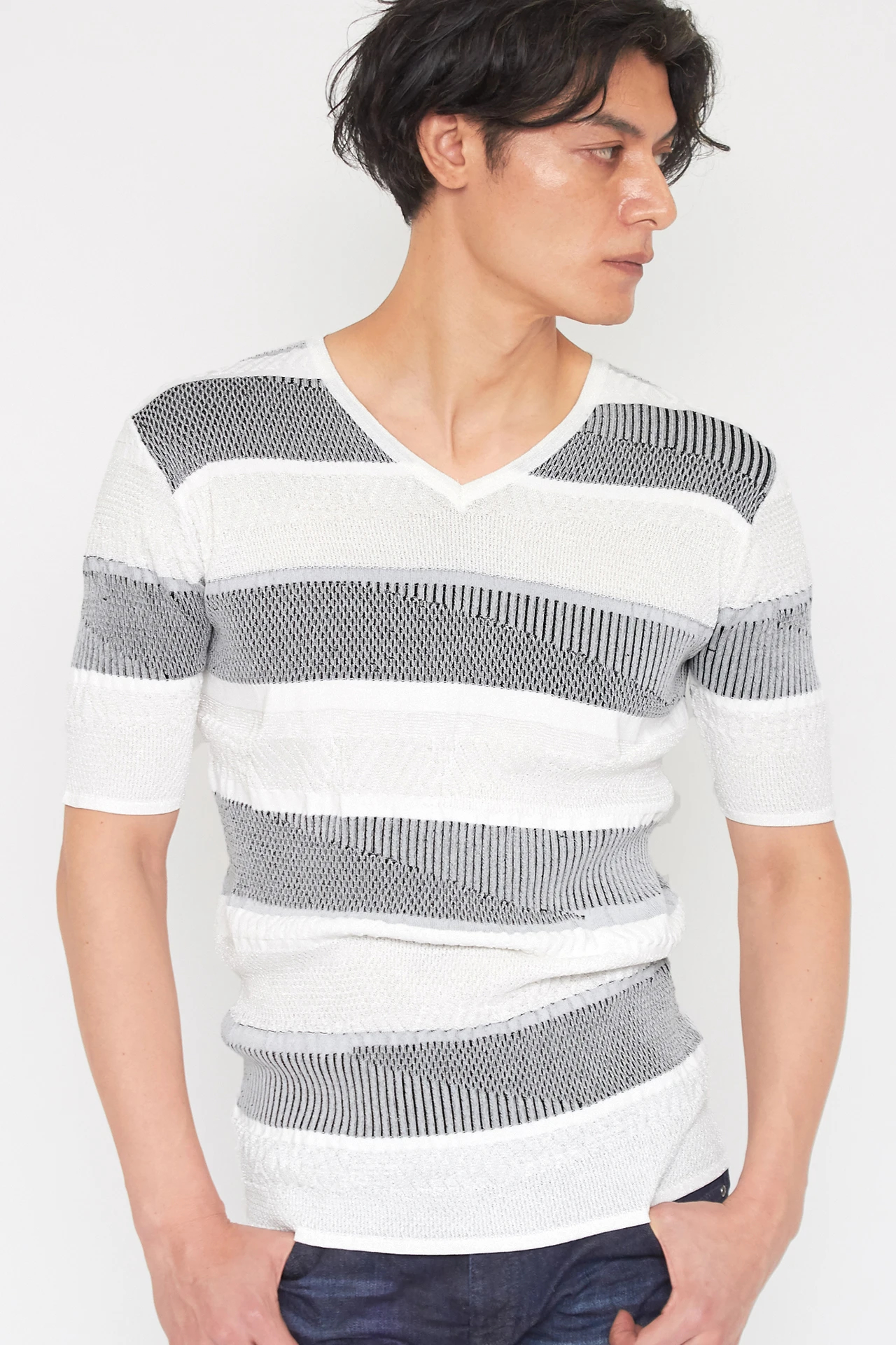 トルネードマート（TORNADO MART）/TORNADO MART∴ランダムキカボーダーリンクス半袖Vネックニット TORNADO MART∴ランダムキカボーダーリンクス半袖Vネックニット