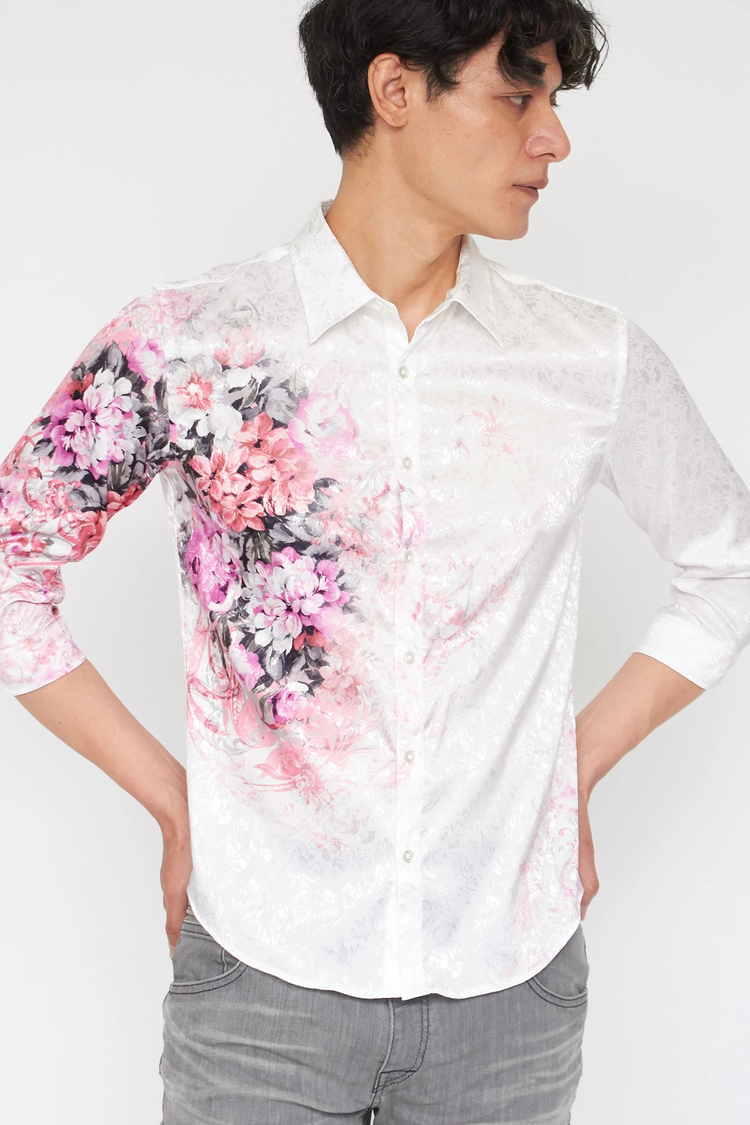 トルネードマート　ローズジャガードレッドフラワー７部袖ドレスシャツ トルネードマート ローズジャガードレッドフラワー7部袖ドレス