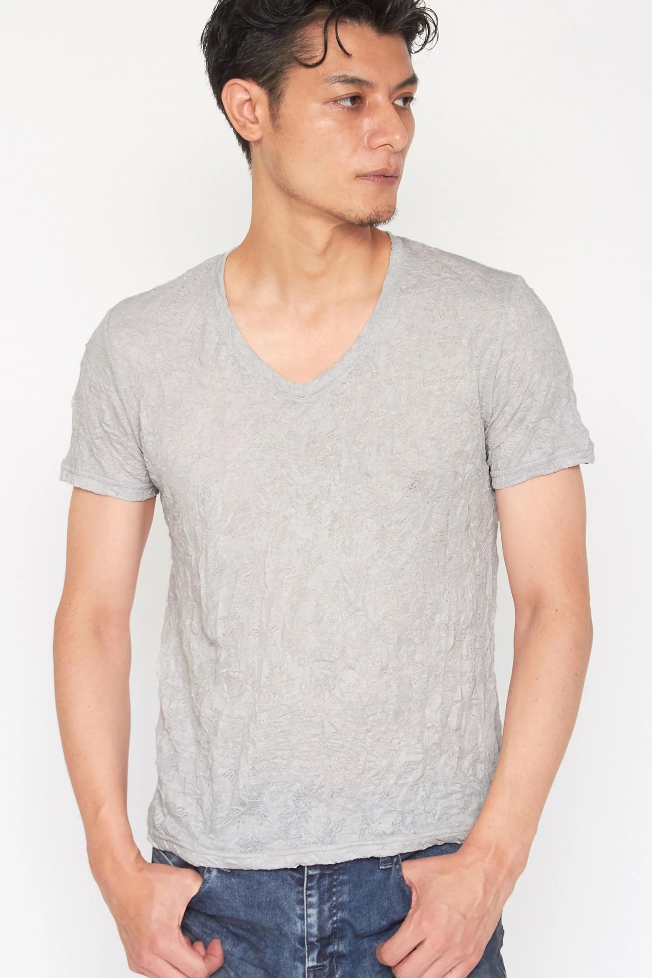 TORNADO MART∴メッシュJQシワ加工半袖Vネックカットソー