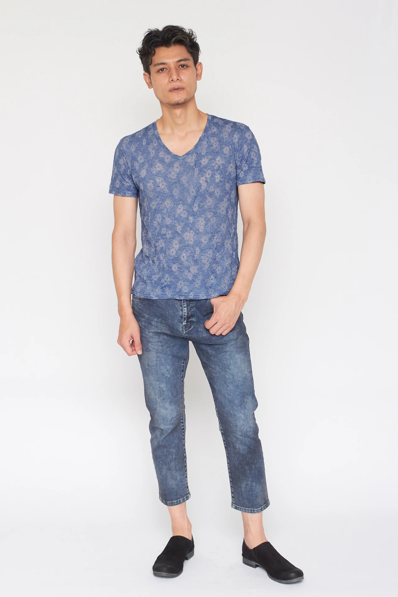 TORNADO MART∴メッシュJQシワ加工半袖Vネックカットソー