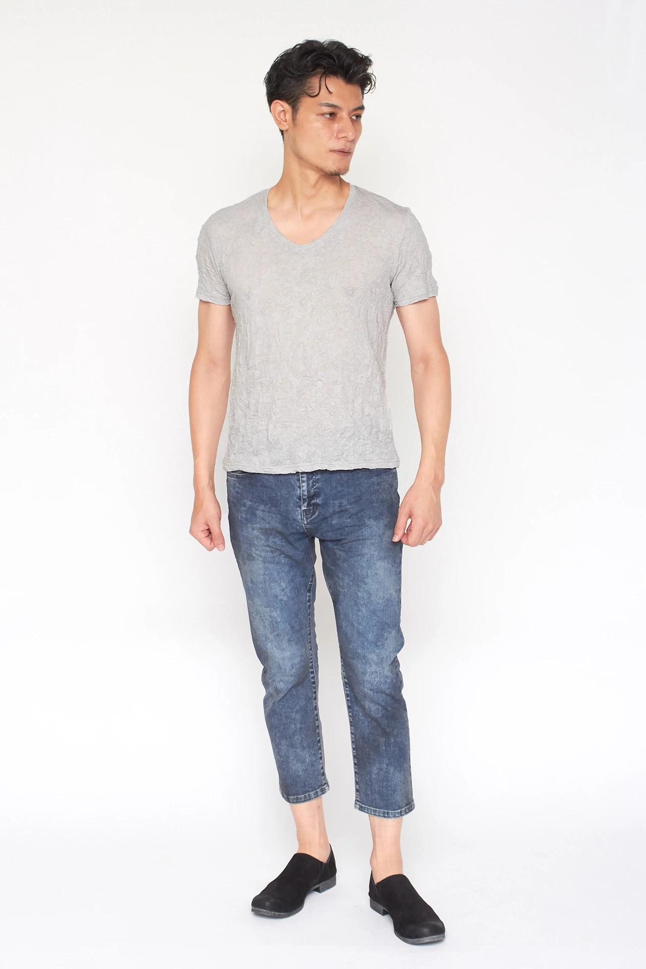 TORNADO MART∴メッシュJQシワ加工半袖Vネックカットソー