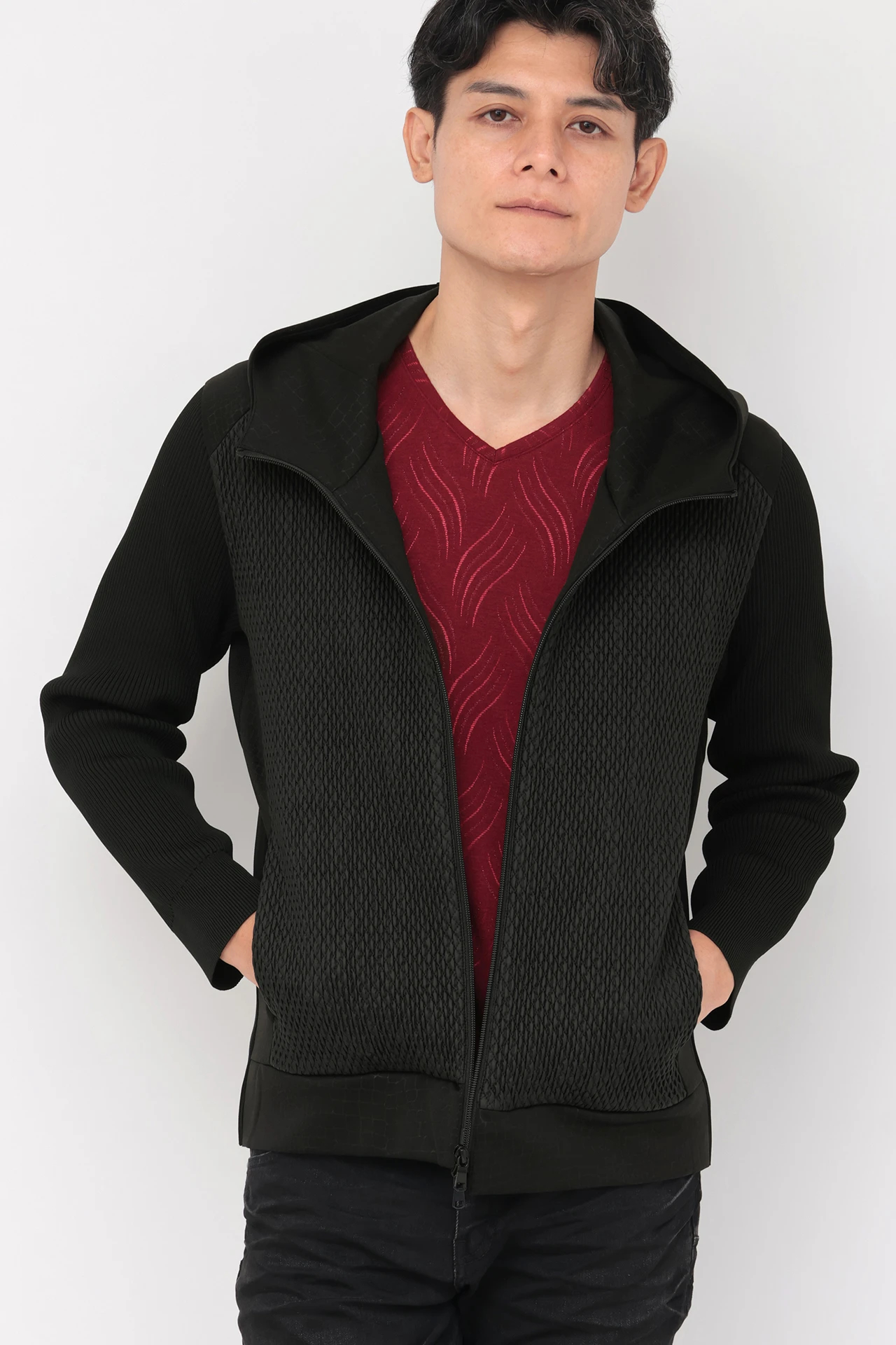 TORNADO MART∴ニットコンビパイソンエンボスフーディーブルゾン