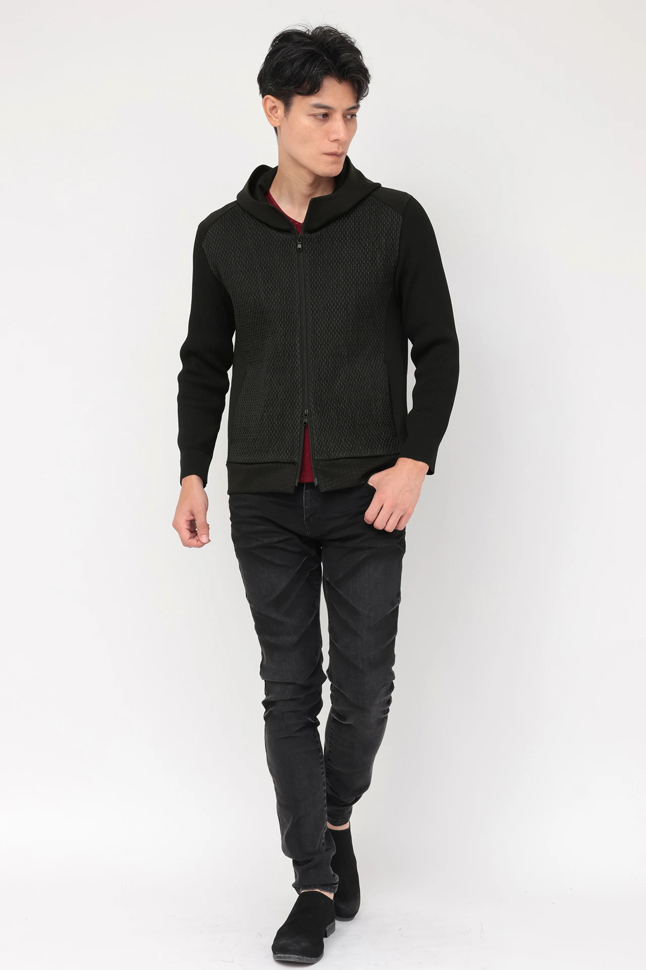 TORNADO MART∴ニットコンビパイソンエンボスフーディーブルゾン