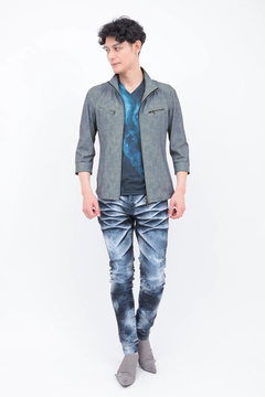 TORNADO MART(トルネードマート) |TORNADO MART∴メッシュHTデニム調プリント7分袖シャツブルゾン