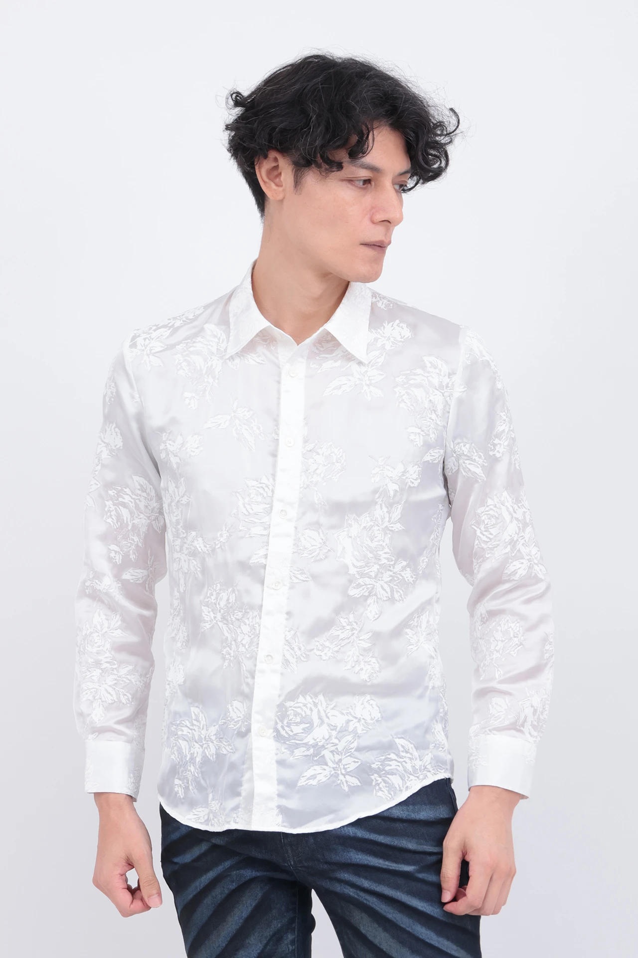 TORNADO MART∴サテンオーガンジーシュリンクフラワープリントシャツ