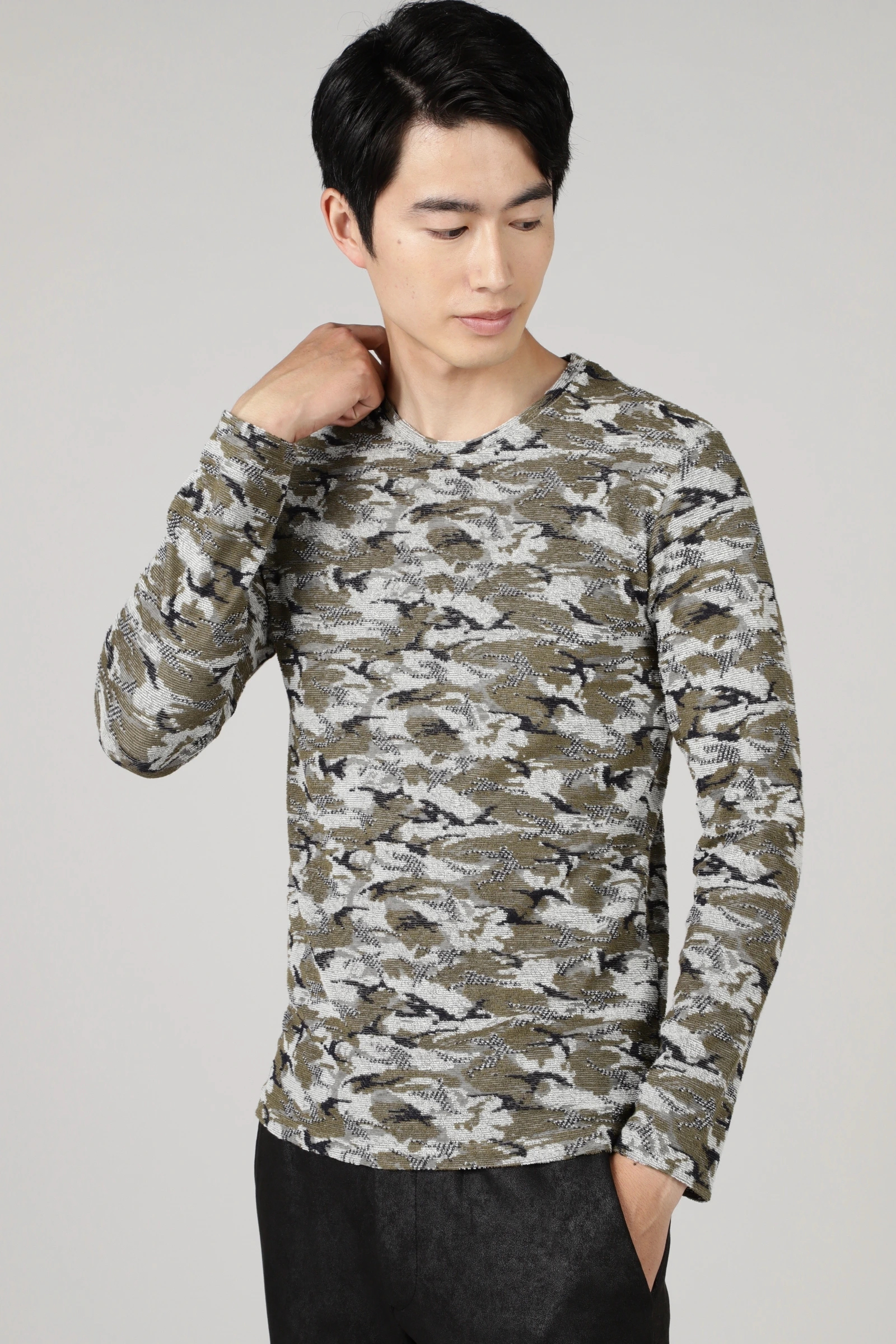 HIGH STREET∴ウッドランド迷彩パイルJQクルーネックカットソー HIGH STREET∴ウッドランド迷彩パイルJQクルーネックカットソー