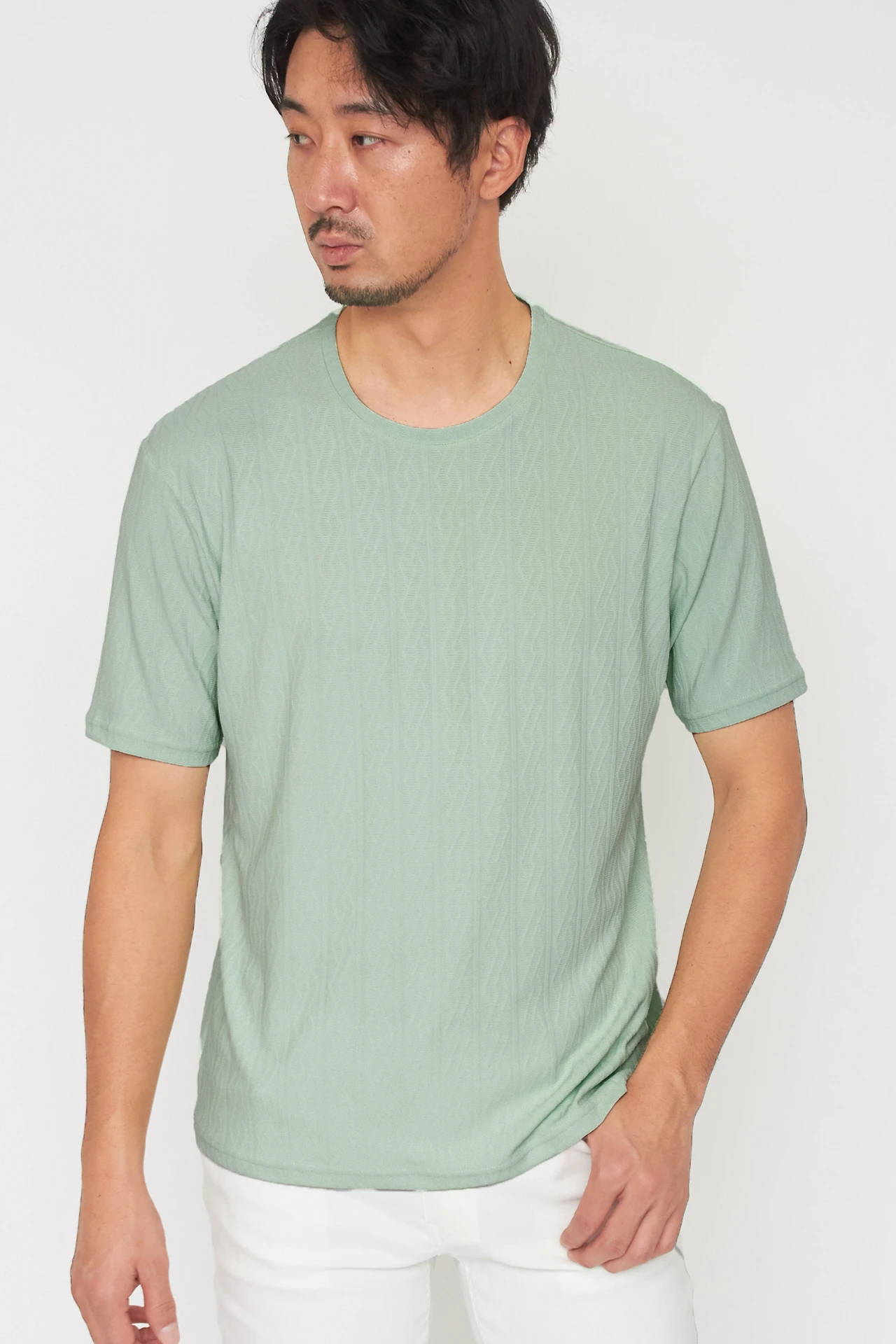【サックスブルー】HIGH STREET∴ケーブル柄クルーネック半袖Tシャツ HIGH STREET∴ケーブル柄クルーネック半袖Tシャツ / HIGH STREET