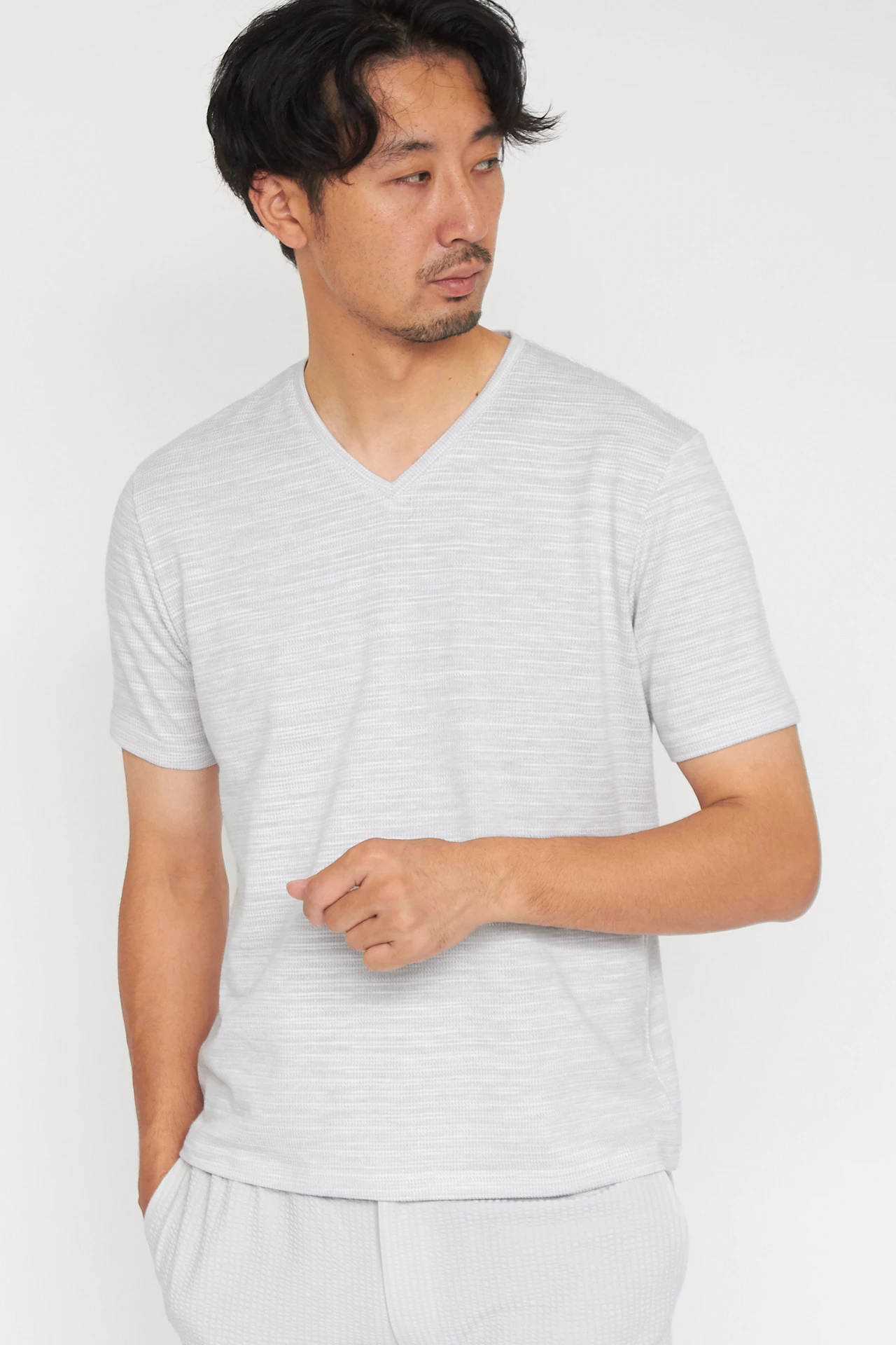 HIGH STREET∴ABSかすれ千鳥JQ半袖Vネックカットソー HIGH STREET∴ABSかすれ千鳥JQ半袖Vネックカットソー / HIGH