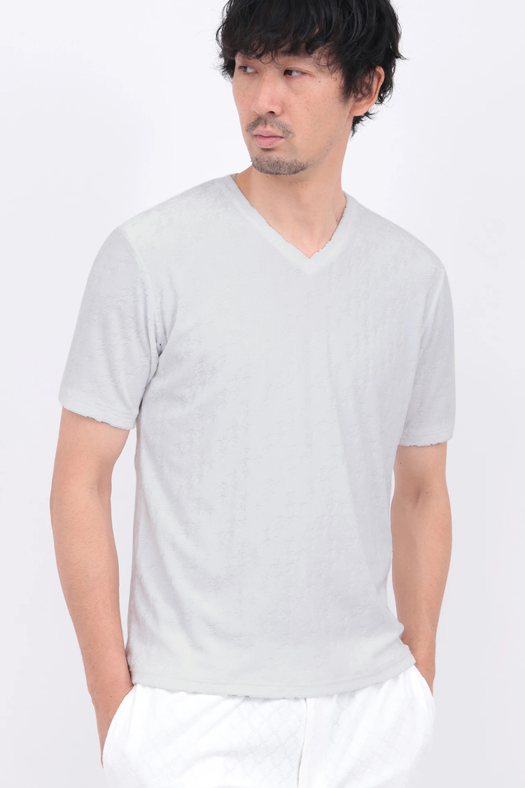 HIGH STREET(ハイストリート) |HIGH STREET∴バイヤス千鳥パイルジャカードVネック半袖カットソー