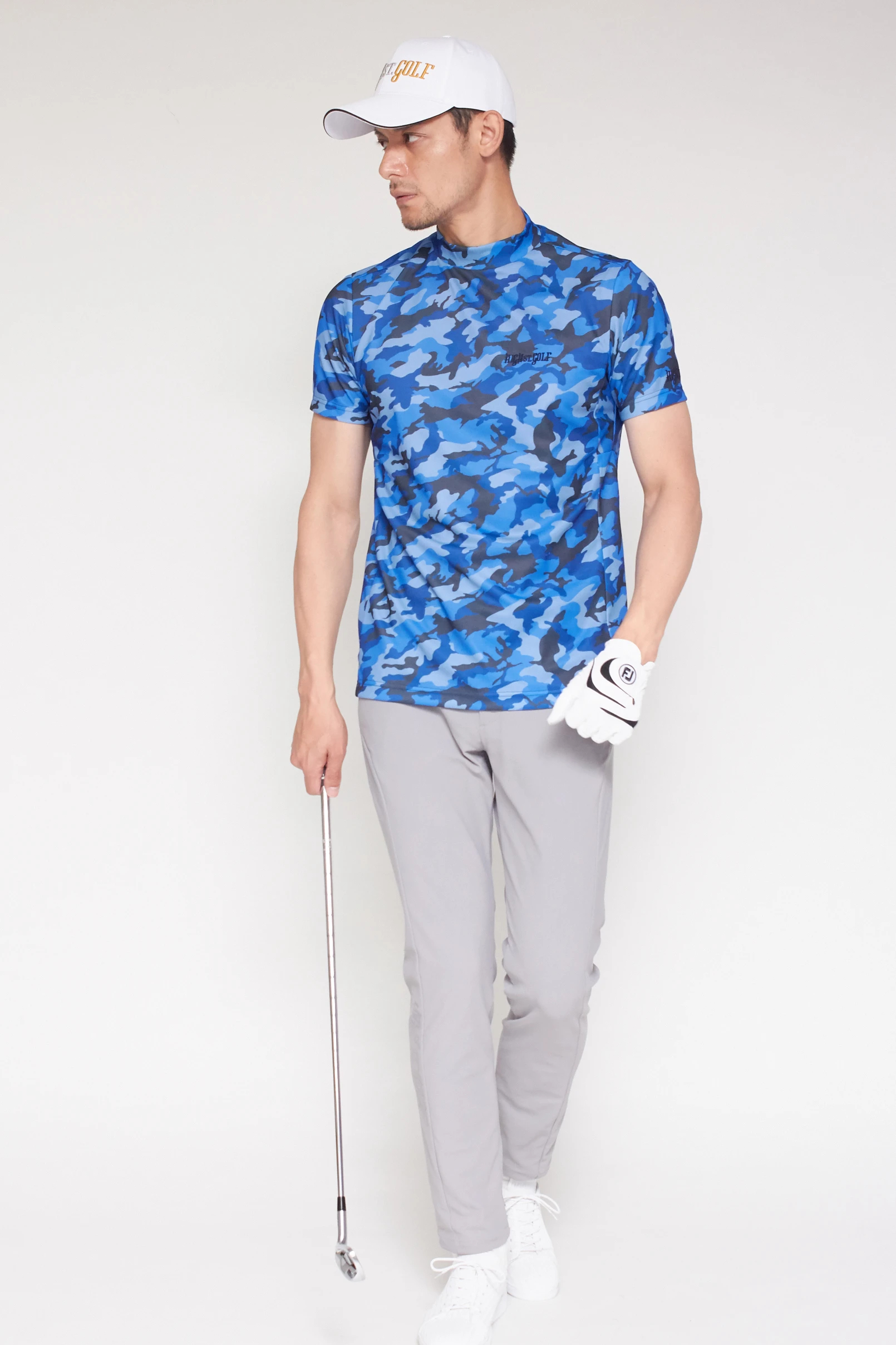 HIGH ST. GOLF∴カモ柄ハニカム鹿の子モックネックシャツ ＜AdE